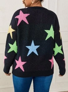 Flirla Plus Star Pattern Drop Shoulder Sweater - Black - View 2