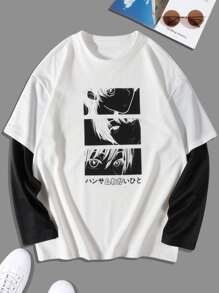 Claim Dot 男士 T 恤宽松圆领落肩长袖图案 T 恤溜冰者日本时尚春季针织上衣，秋季 - 白色 - 查看 8