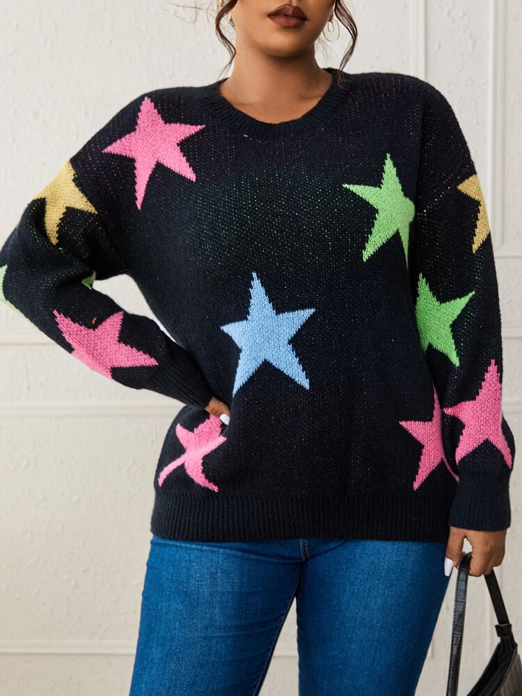 Flirla Jersey con patrón de estrella de hombros caídos - Negro - Añade 3