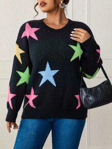 Flirla Plus Star Pattern Drop Shoulder Sweater - Black - View 4