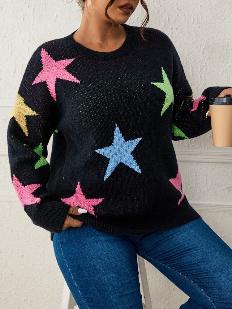 Flirla Jersey con patrón de estrella de hombros caídos - Negro - Añade 5