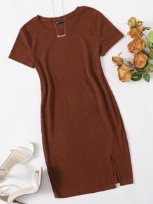 SHEIN Essnce 羅紋針織開衩下擺包臀洋裝 - 紫紅色 - 查看 1