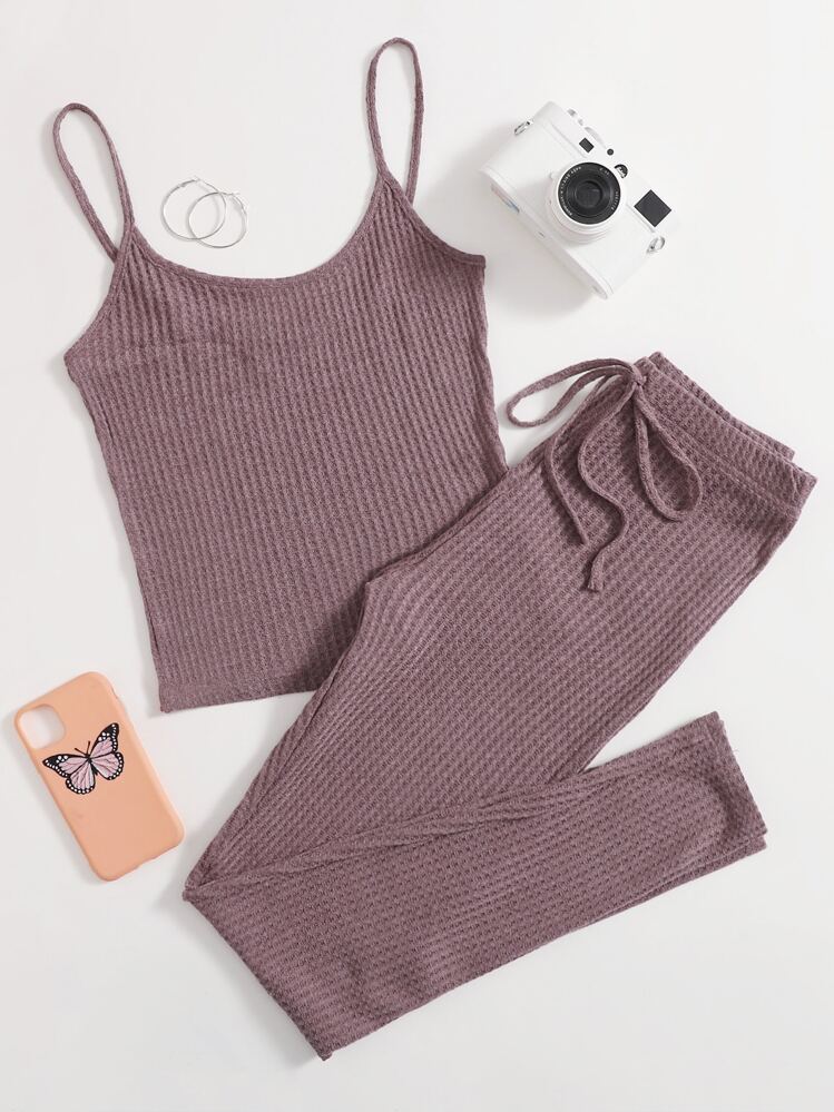 SHEIN EZwear Waffle Knit Cami Top & Knot Waist Leggings Set - Mauve Purple - View 1