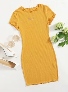 Muchica Lettuce Trim Rib-knit Bodycon Dress - Yellow - View 1