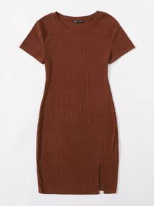 SHEIN Essnce 羅紋針織開衩下擺包臀洋裝 - 紫紅色 - 查看 3