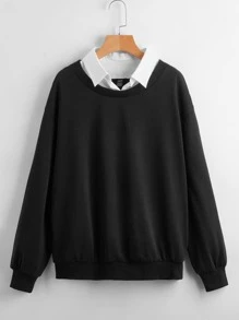 SHEIN EZwear Drop Shoulder Contrast Collar Pullover - Black - View 1