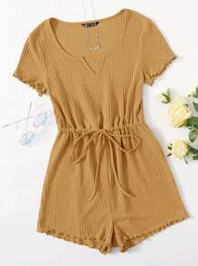 SHEIN LUNE Notched Neck Lettuce Trim Romper - Camel - View 1