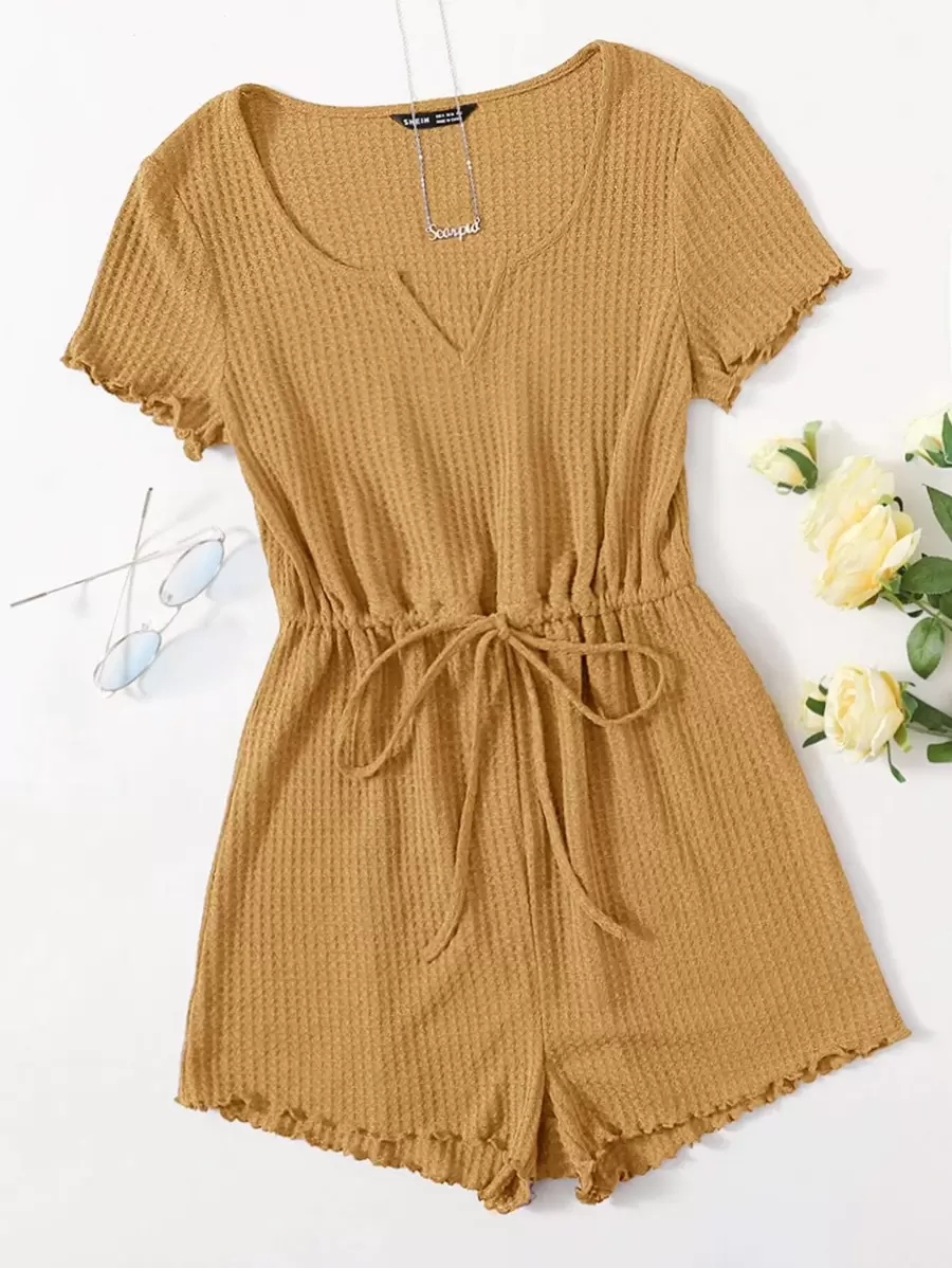 SHEIN LUNE Notched Neck Lettuce Trim Romper - Camel - View 1