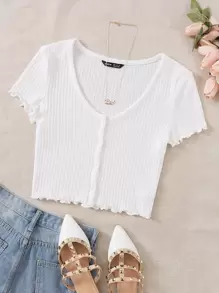 SHEIN EZwear 生菜邊華夫格針織T恤 - 白色 - 查看 1