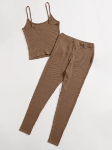 SHEIN EZwear Waffle Knit Cami Top & Knot Waist Leggings Set - Mocha Brown - View 2
