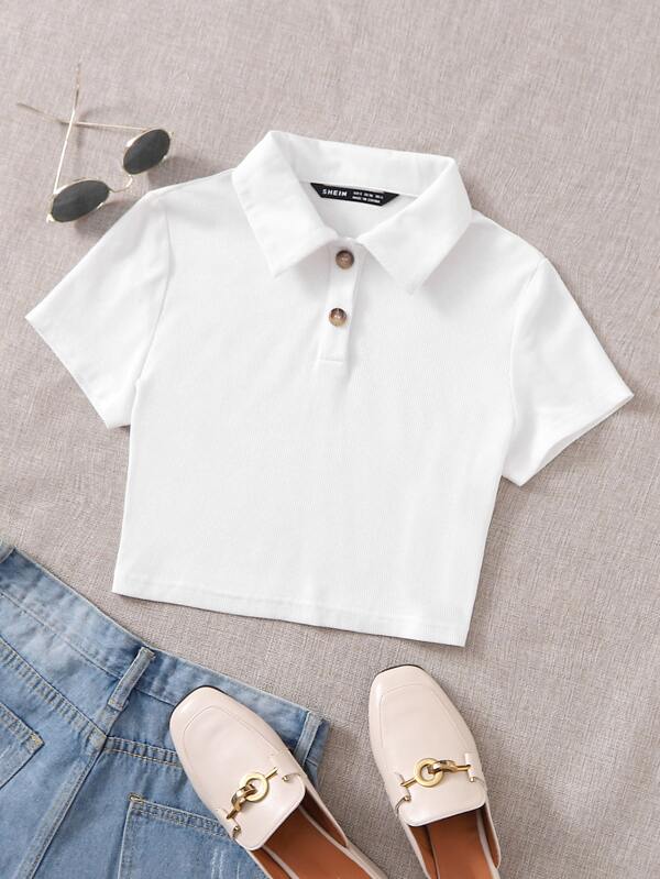 SHEIN EZwear Camisa Polo De Media Botonadura Para Verano Con Mangas Cortas, Tops Cortos Para Mujer