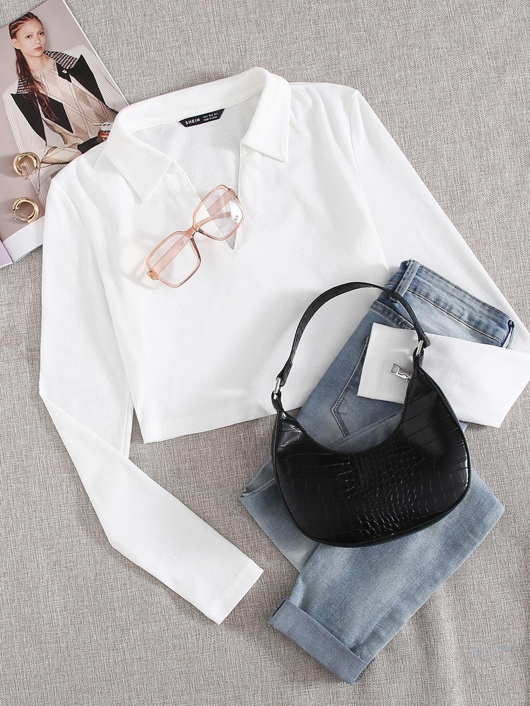 SHEIN EZwear Rib-knit Solid Crop Top - White - View 1