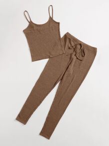 SHEIN EZwear Waffle Knit Cami Top & Knot Waist Leggings Set - Mocha Brown - View 3