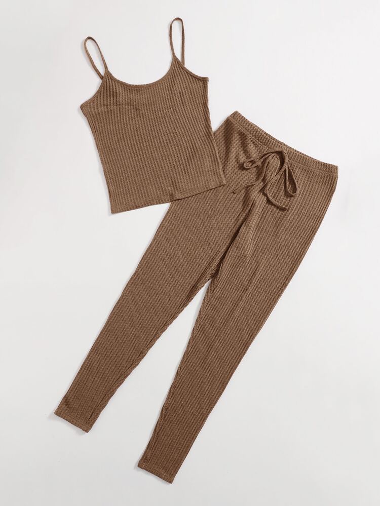 SHEIN EZwear Waffle Knit Cami Top & Knot Waist Leggings Set - Mocha Brown - View 3