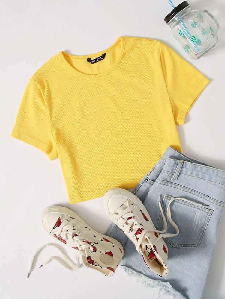 SHEIN Muchic Solid Rib-knit Crop Top - Yellow - View 1