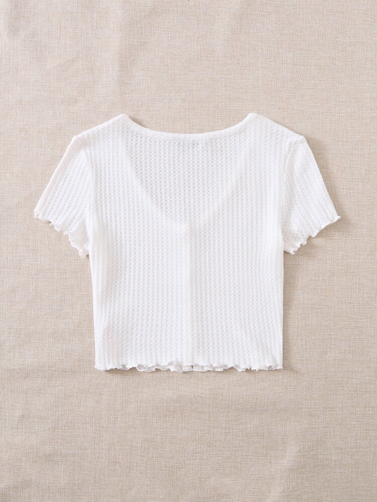 SHEIN EZwear 大碼紐扣生菜邊華夫格針織T恤 - 白色 - 查看 2