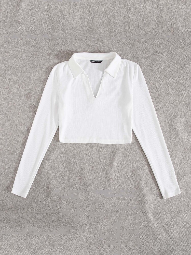 SHEIN EZwear Rib-knit Solid Crop Top - White - View 3