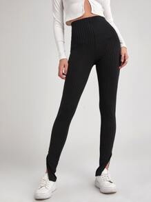 SHEIN EZwear Split Hem Rib-knit Fitted Trousers - Black - View 3