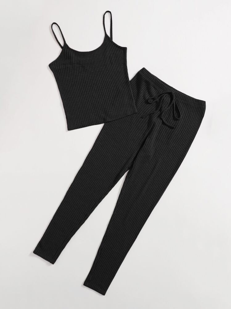 SHEIN EZwear Waffle Knit Cami Top & Knot Waist Leggings Set - Black - View 3
