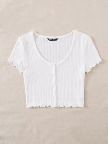 SHEIN EZwear 生菜邊華夫格針織T恤 - 白色 - 查看 3