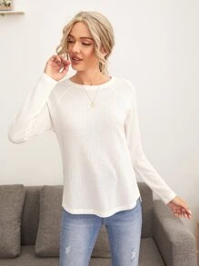 SHEIN LUNE Camiseta tejida waffle de manga raglán - Blanco - Ver 4