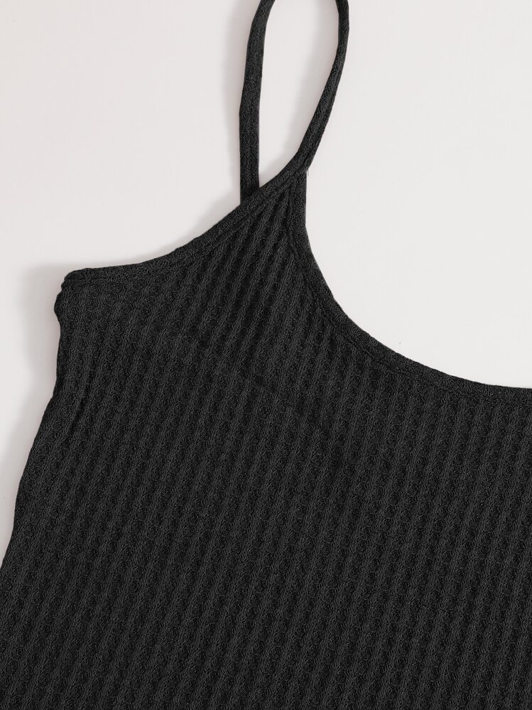 SHEIN EZwear Waffle Knit Cami Top & Knot Waist Leggings Set - Black - View 4