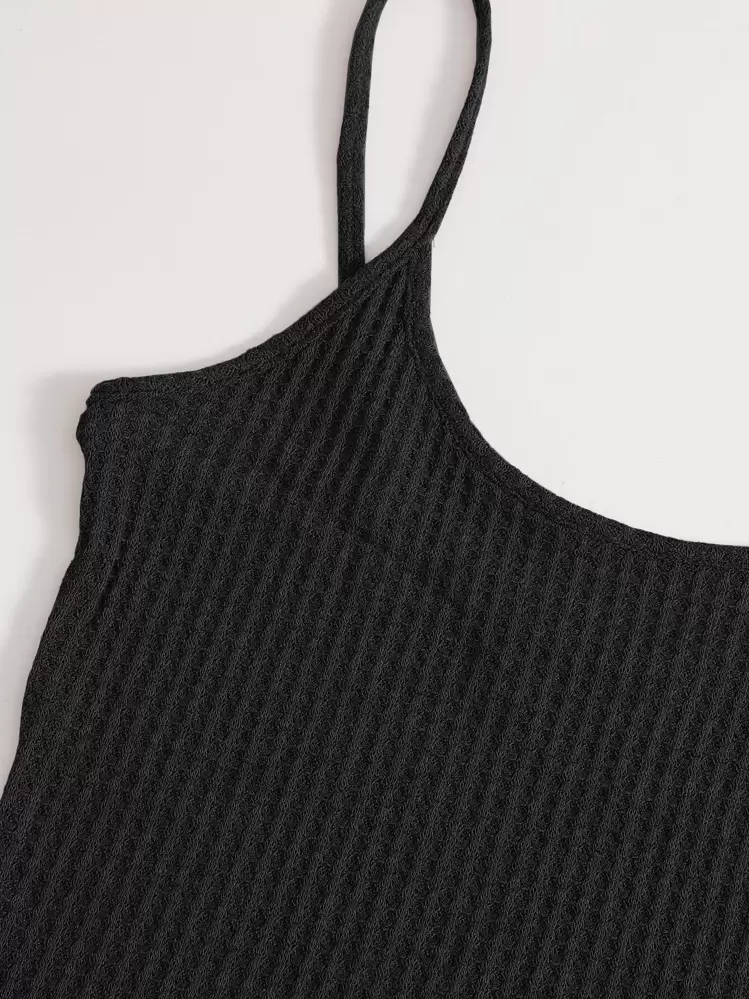 SHEIN EZwear ワッフルニット キャミトップ & ノットウエスト レギンス セット - ブラック - 見る 4