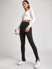 SHEIN EZwear Split Hem Rib-knit Fitted Trousers - Black - View 5