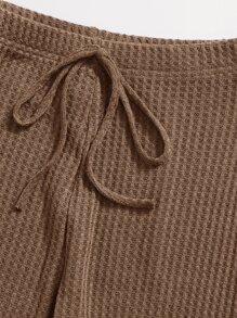 SHEIN EZwear Waffle Knit Cami Top & Knot Waist Leggings Set - Mocha Brown - View 5