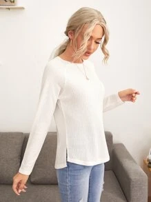 SHEIN LUNE Camiseta tejida waffle de manga raglán - Blanco - Ver 5