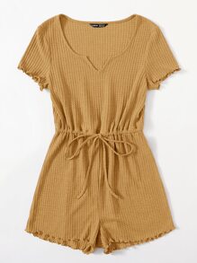 SHEIN LUNE Notched Neck Lettuce Trim Romper - Camel - View 6