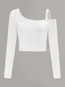 Muchica Asymmetrical Neck Cold Shoulder Rib-knit Top - White - View 2