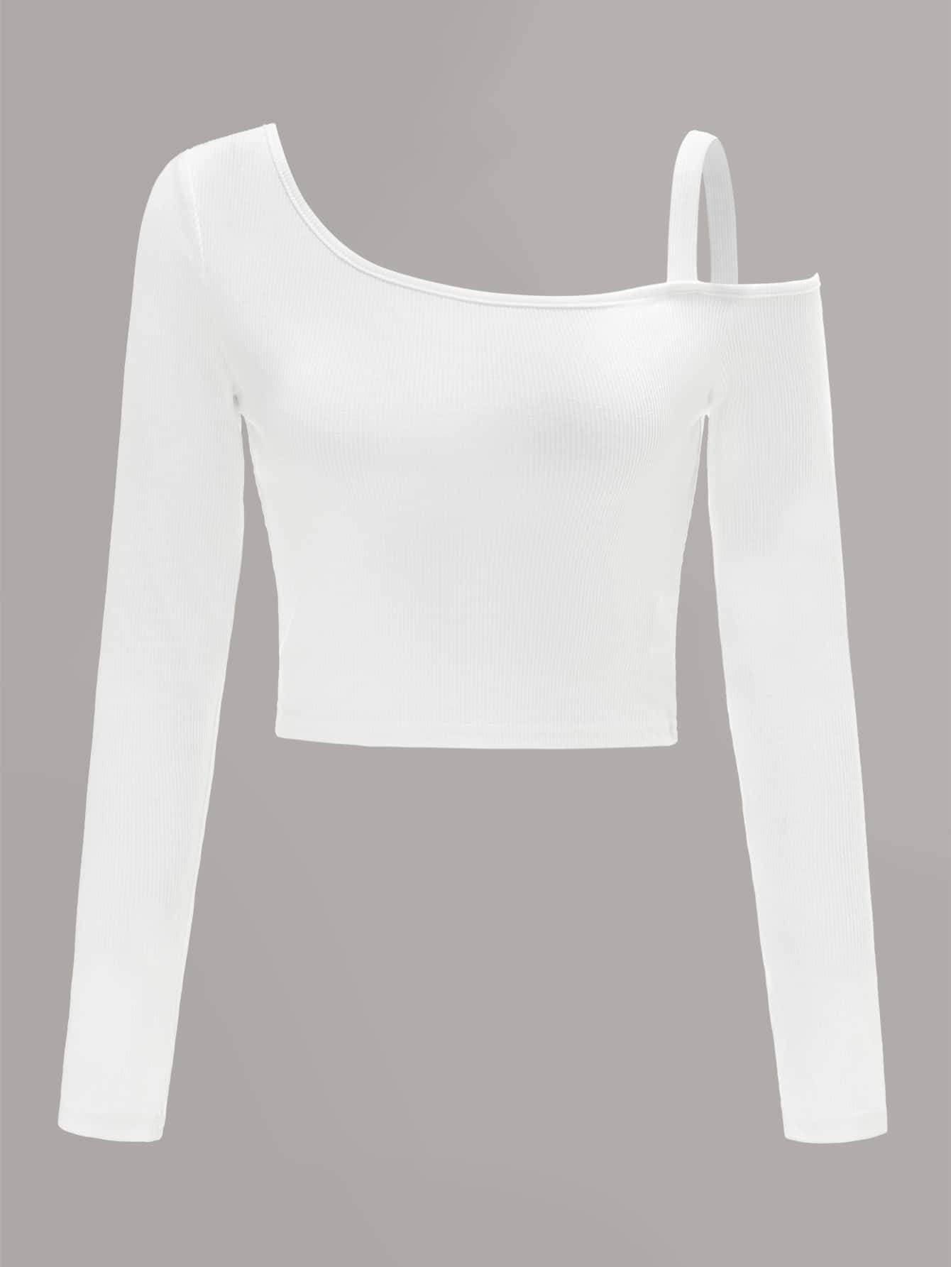 Muchica Asymmetrical Neck Cold Shoulder Rib-knit Top - White - View 1