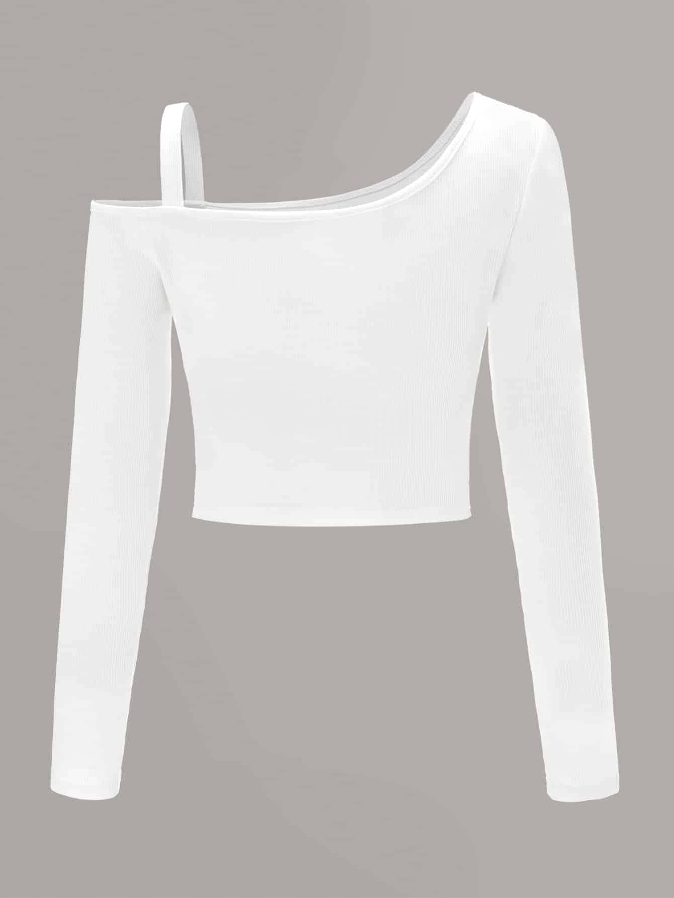 Muchica Asymmetrical Neck Cold Shoulder Rib-knit Top - White - View 2