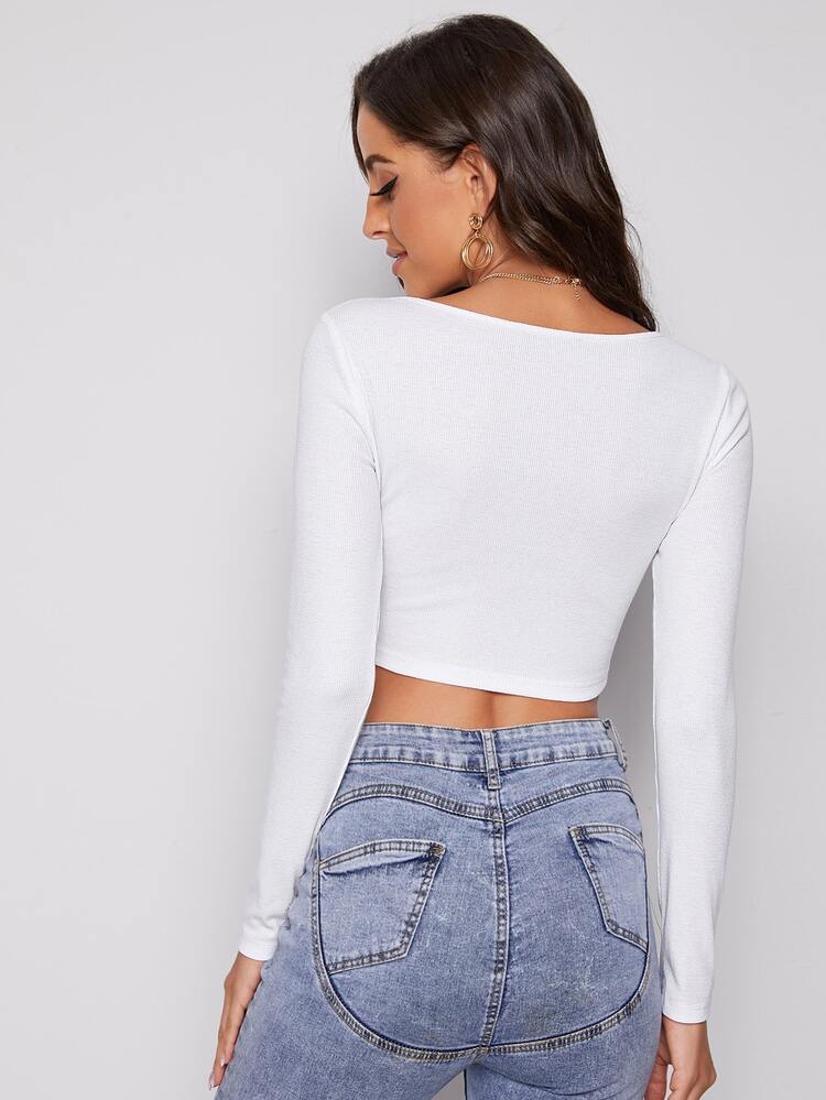 SHEIN BASICS Camiseta corta tejida de canalé con cremallera - Blanco - Añade 2