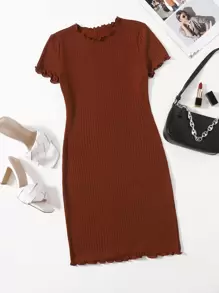 SHEIN EZwear Vestido ajustado tejido de canalé ribete en forma de lechuga unicolor - Óxido marrón - Ver 1