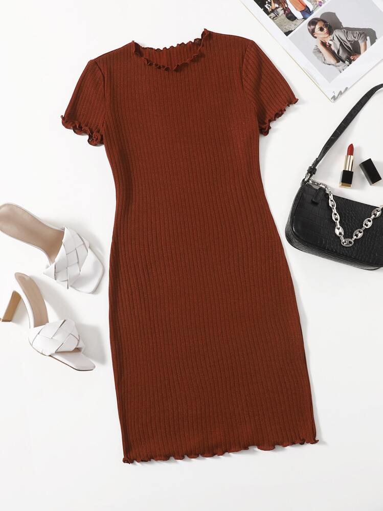 SHEIN EZwear Plus Solid Lettuce Trim Rib-knit Bodycon Dress - Rust Brown - View 1