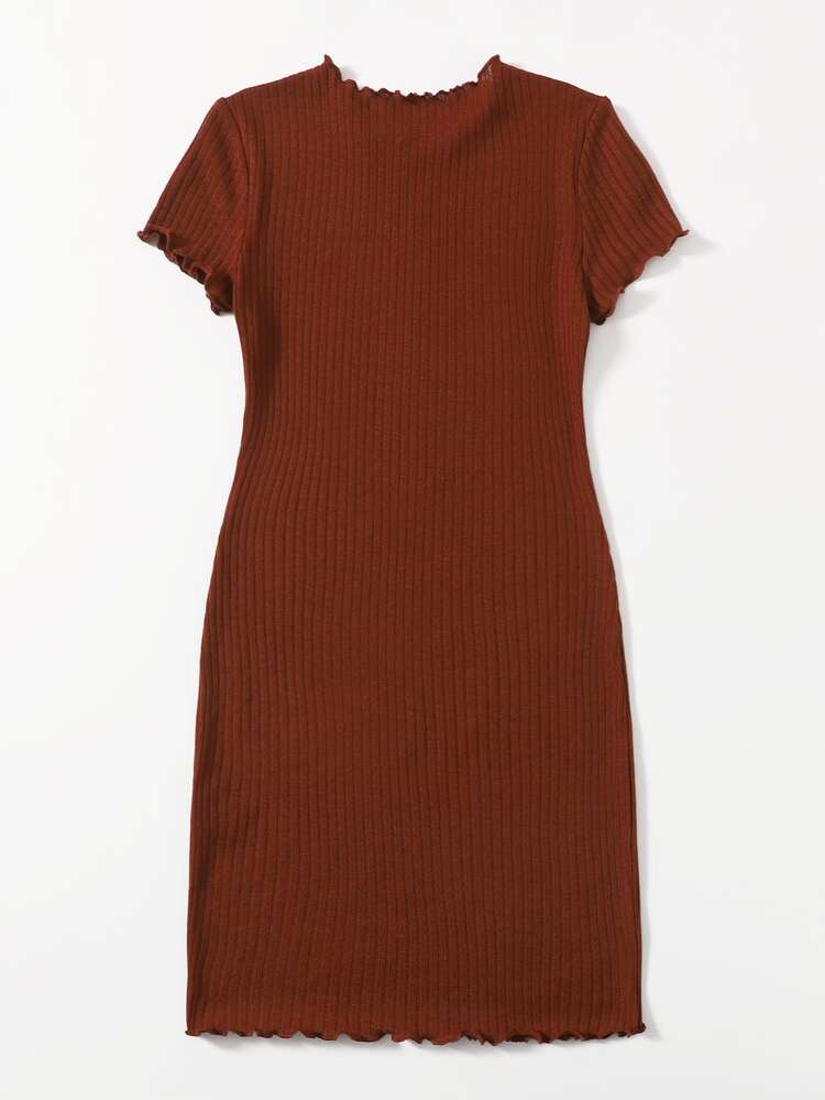 SHEIN EZwear Plus Solid Lettuce Trim Rib-knit Bodycon Dress - Rust Brown - View 2
