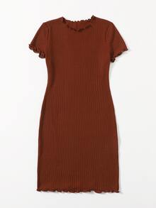 SHEIN EZwear Vestido ajustado tejido de canalé ribete en forma de lechuga unicolor - Óxido marrón - Ver 3