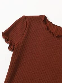SHEIN EZwear Vestido ajustado tejido de canalé ribete en forma de lechuga unicolor - Óxido marrón - Ver 4