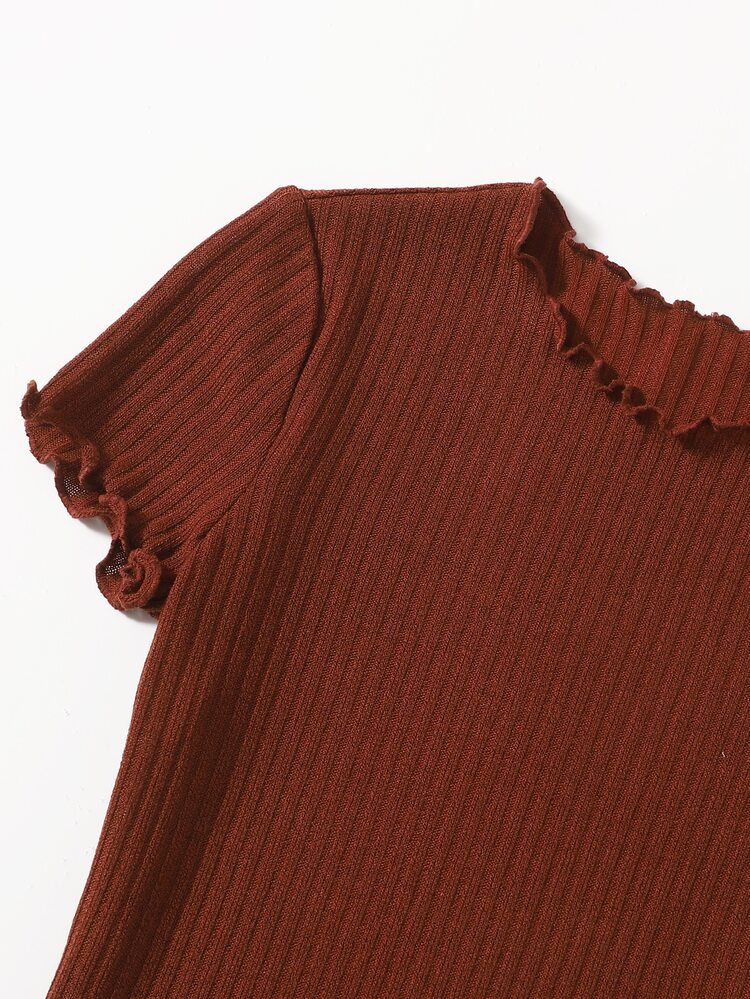 SHEIN EZwear Plus Solid Lettuce Trim Rib-knit Bodycon Dress - Rust Brown - View 4