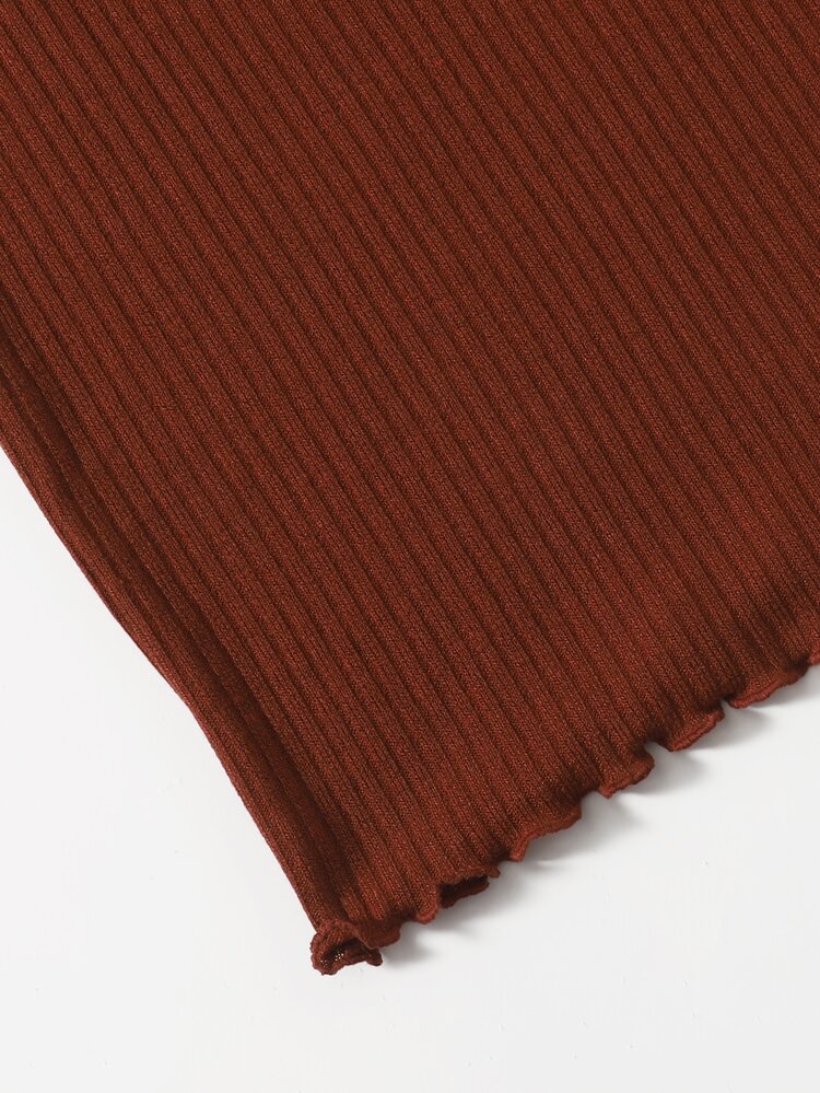 SHEIN EZwear Plus Solid Lettuce Trim Rib-knit Bodycon Dress - Rust Brown - View 5