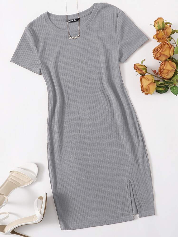 SHEIN Essnce 羅紋針織開衩下擺洋裝 - 灰色 - 查看 1