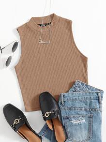 SHEIN EZwear Solid Crop Rib-knit Tank Top - Khaki - View 1