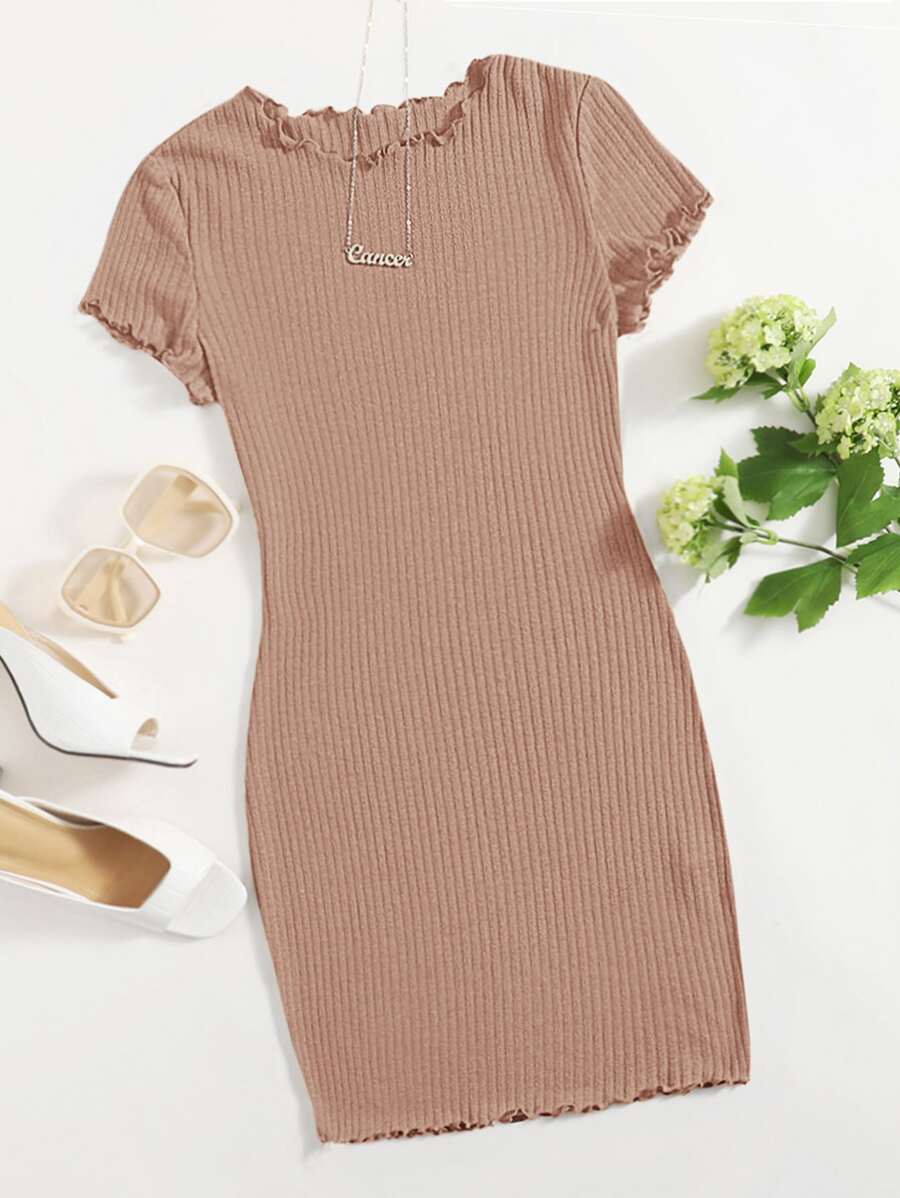 SHEIN EZwear Plus Solid Lettuce Trim Rib-knit Bodycon Dress - Apricot - View 1