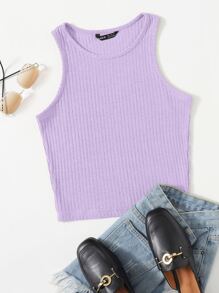 SHEIN EZwear Camiseta sin mangas de canalé liso - Lila Púrpura - Ver 1