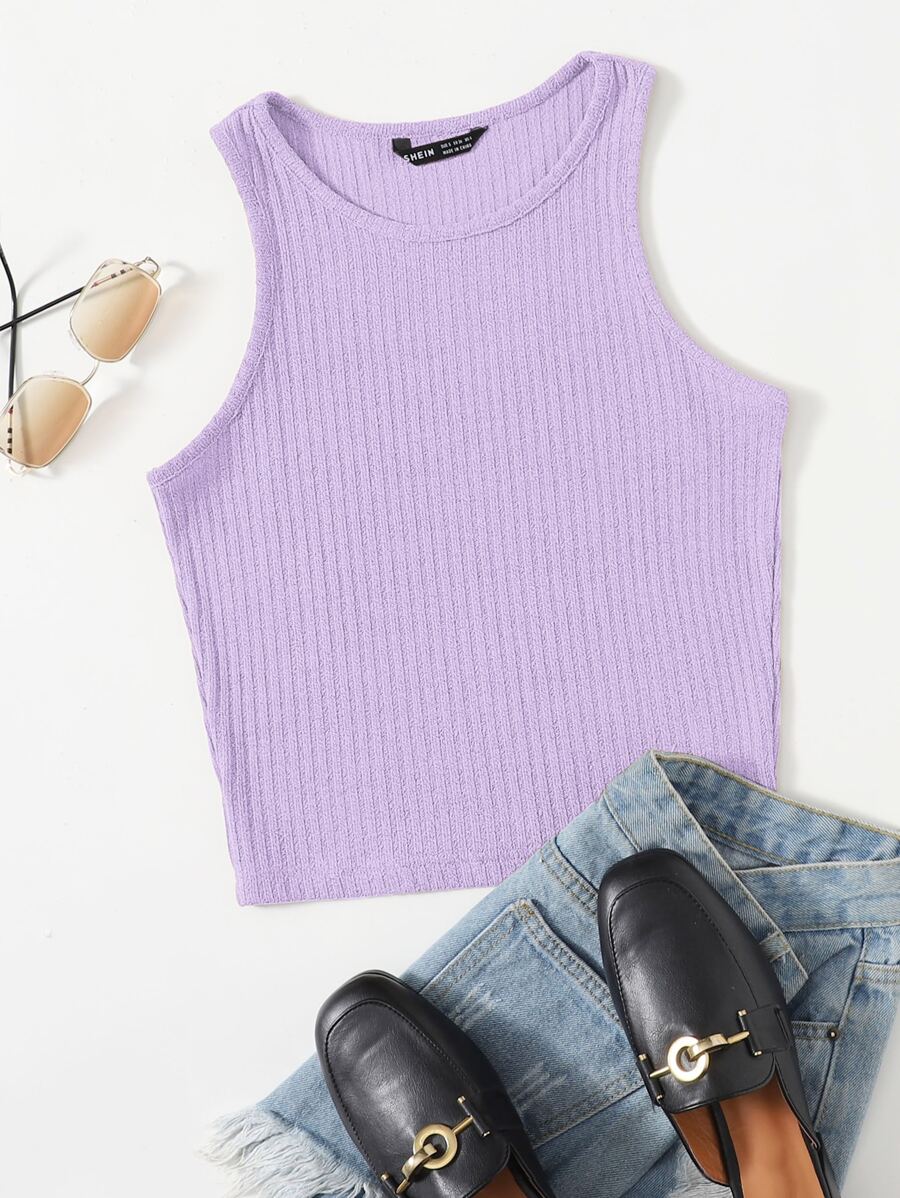 SHEIN EZwear Camiseta sin mangas de canalé liso - Lila Púrpura - Ver 1