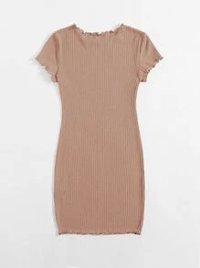 SHEIN EZwear Plus Solid Lettuce Trim Rib-knit Bodycon Dress - Apricot - View 2