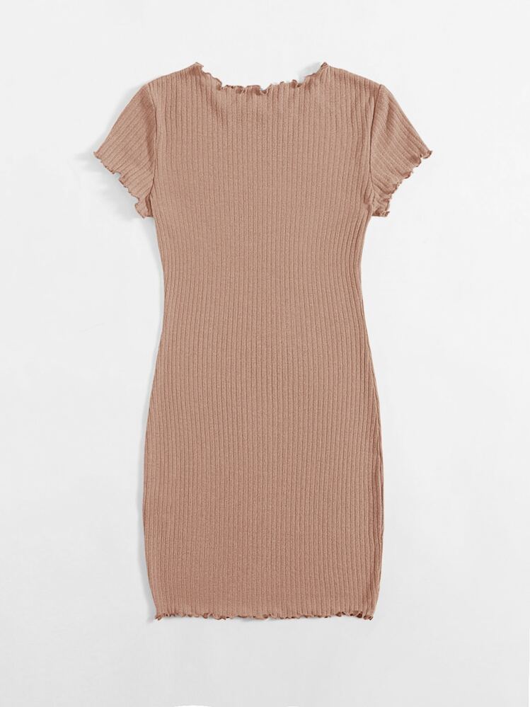 SHEIN EZwear Plus Solid Lettuce Trim Rib-knit Bodycon Dress - Apricot - View 2