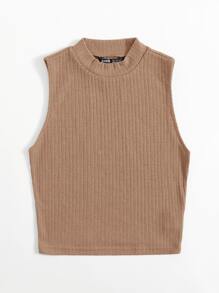SHEIN EZwear Solid Crop Rib-knit Tank Top - Khaki - View 3